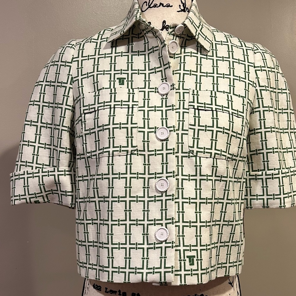 Tara Jarmon Christine Woven Chain Link Logo Pattern Collar Button Front Top - Picture 3 of 14